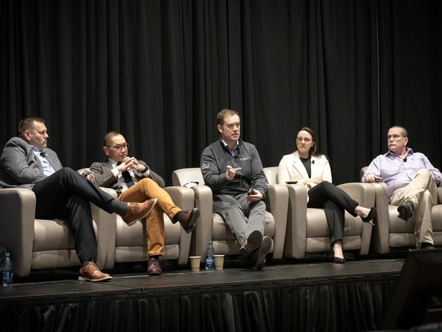 From left, KJ Johnson with the Illinois Fertilizer and Chemical Association, Frank Wong with Bayer, Rueben Baris with Corteva, Josie Montoney-Crawford with the National Association of State Departments of Agriculture and Aaron Hager with the University of Illinois discussed many unanswered questions about the EPA's Herbicide Strategy during the IFCA annual convention. (DTN photo by Jason Jenkins)