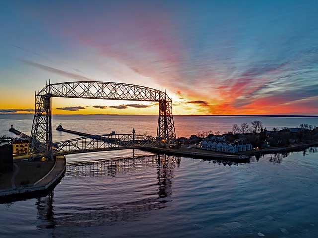 Where's the ice? Pictured is the Aerial Lift Bridge at the port of Duluth, Minnesota, overlooking calm waters on Feb. 19, 2024, which would normally be covered in ice this time of year. (Photo courtesy Schauer Photo Images)