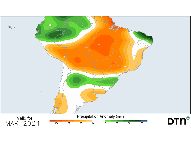 The March forecast from DTN is calling for lower-than-normal rainfall for most of Brazil's safrinha corn areas. (DTN graphic)