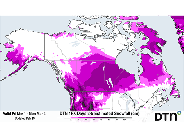 DTN's forecast snowfall shows some portions of the Canadian Prairies receiving over 10-15 inches of snow through this weekend into early next week as a large low-pressure system affects the region. (DTN graphic)