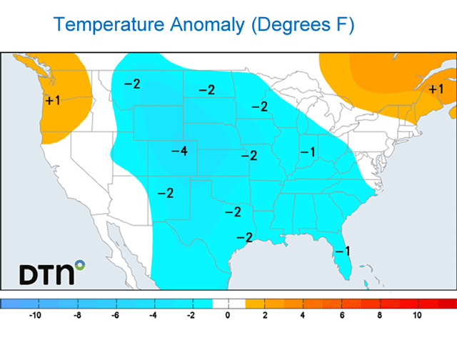 Temperatures beyond the current 15-day forecast show a risk of colder air moving through. This forecast is valid from March 20-April 3, but the colder look may extend another week or more beyond this. (DTN graphic)