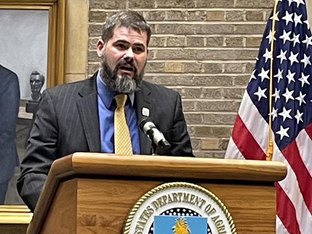 Carl Long, who farms with his wife near Coudersport, Pennsylvania, was recognized last year with a National Outstanding Young Farmer Award. Long spoke Tuesday at USDA headquarters in Washington about some challenges facing farmers and the opportunities ahead as part of the National Ag Day events. (DTN photo by Greg Horstmeier)