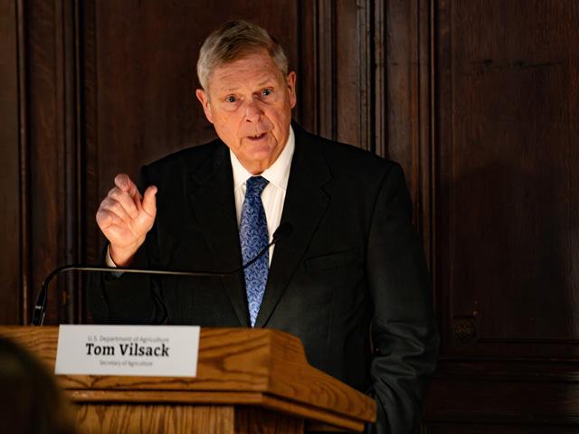 Agriculture Secretary Tom Vilsack speaks to reporters Monday about a House Republican group's proposal to cut or eliminate areas of the farm safety net and conservation programs. (DTN photo by Joel Reichenberger)