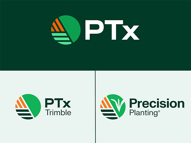 Within AGCO's new PTx brand is Precision Planting. Its visual identity retains the well-known corn plant. The PTx Trimble visual identity mirrors that of the PTx leading brand. (Logos courtesy of AGCO Corp.)