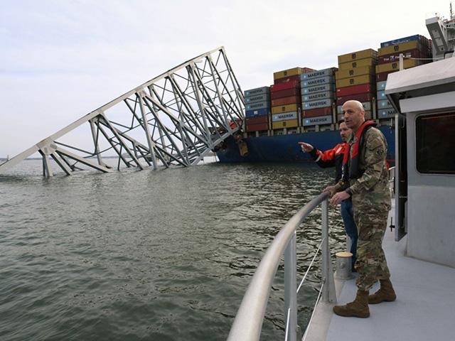 USACE Chief of Engineers Lt. Gen. Scott Spellmon views damage to the Francis Scott Key Bridge that collapsed March 26 in Baltimore. Following USACE's federal authorities, USACE said on its website it are leading the effort to clear the channel as part of the larger interagency to restore operations at the Port of Baltimore. (Photo courtesy of USACE)
