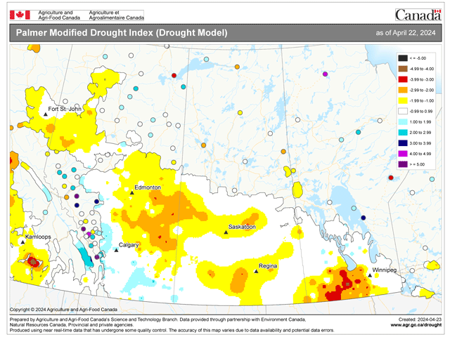 Despite a more active pattern that has brought some needed precipitation in some areas in April, drought conditions based upon the Palmer Drought Index suggest that drought is still a big issue throughout most of the region. (Agriculture and Agri-Food Canada graphic)