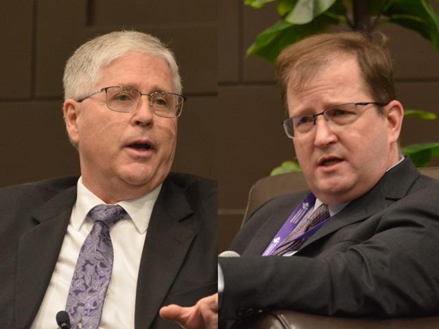 Arlan Suderman (left), chief commodities economist at StoneX, and Seth Meyer, chief economist for USDA, took part Friday in a panel discussion at the CFTC's "AgCon" meeting in Overland Park, Kansas. Suderman said commodity customers felt betrayed over USDA NASS dropping a few key reports for the year. (DTN photos by Chris Clayton)