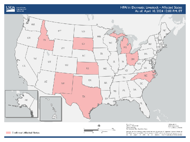 A map showing where USDA's National Veterinary Services Laboratory (NVSL) has confirmed H5N1 avian influenza in a dairy herd. (USDA map)