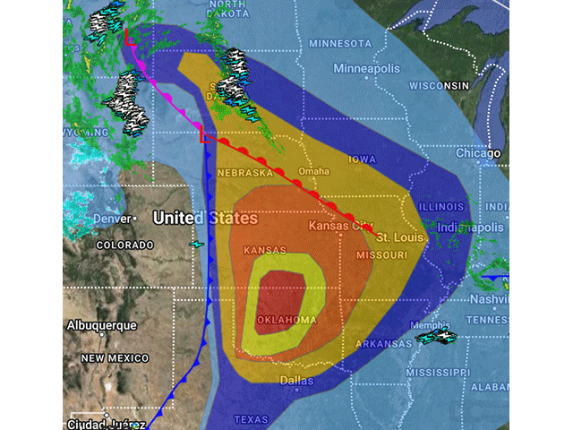 A major severe weather outbreak is forecast for the Plains, including strong, long-tracked tornadoes in Oklahoma and southern Kansas, necessitating the SPC's first High Risk of severe weather designation this season (in red). (DTN graphic)