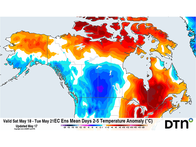Below-normal temperatures in the Canadian Prairies will lead to frosts and some limited potential for snow. (DTN graphic)