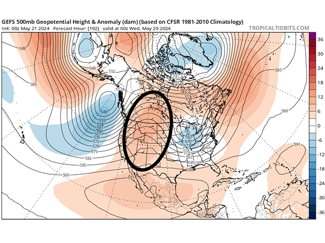 There is some optimism for drier conditions to develop east of the Rockies for at least a period next week, dependent upon the strength of an upper-level ridge developing in the Western U.S. (Tropical Tidbits graphic)