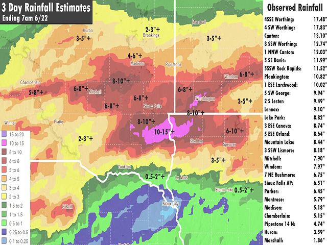 A National Weather Service map of precipitation across parts of Iowa, South Dakota and Minnesota over three days through June 22. (Map courtesy of National Weather Service)