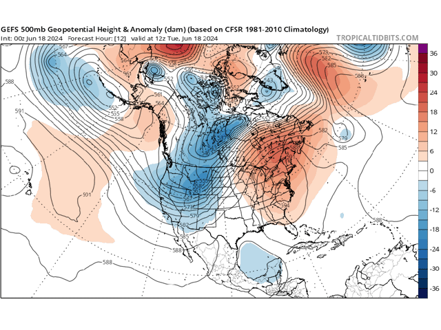 The location of the upper-level ridge, in red, will determine which areas are hot, and likely dry. (Tropical Tidbits graphic)