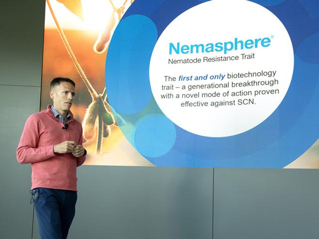 Michael McCarville, BASF trait development manager, introduced Nemasphere, the company's transgenic Bt trait for SCN resistance, to a group of agricultural journalists at an event in North Carolina in May. (DTN photo by Jason Jenkins)