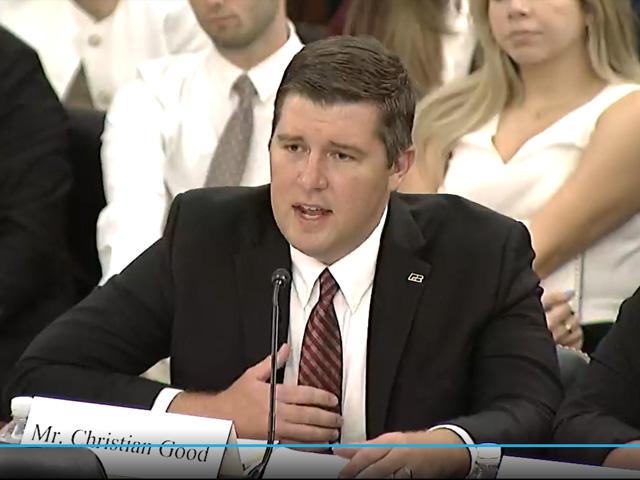 Christian Good, a farmer from Macon, Mississippi, testifies Tuesday before a U.S. Senate subcommittee about programs in the farm bill for beginning farmers. (Screenshot from live video feed)