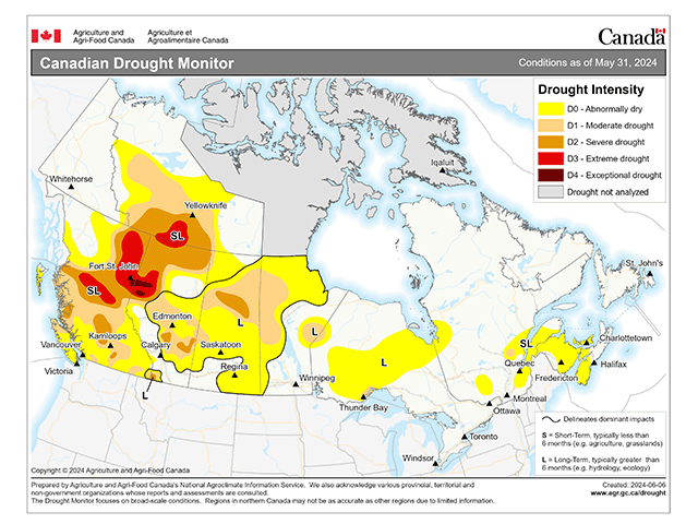 The Canadian drought monitor update from this week shows very limited areas of drought currently in the region, a stark turnaround from last month. (Agriculture and Agri-Food Canada graphic)