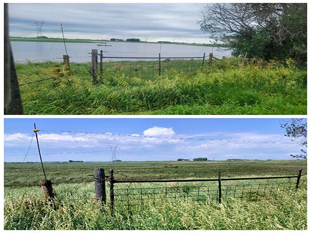 The before (bottom) and after (top photo) of the Puhrmann Family's cattle pasture where cattle were swept away from the flood waters of Mill Creek northwest of Paulllina, Iowa. (Photo courtesy of Kyle Puhrmann)