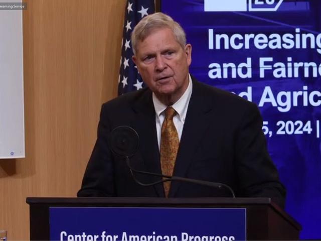 Agriculture Secretary Tom Vilsack speaking Tuesday at the Center for American Progress about USDA rules relating to the balance between producers and packers. USDA on Tuesday proposed a rule to redefine how federal courts interpret competitive injury claims in lawsuits brought by producers. (Image from event livestream)