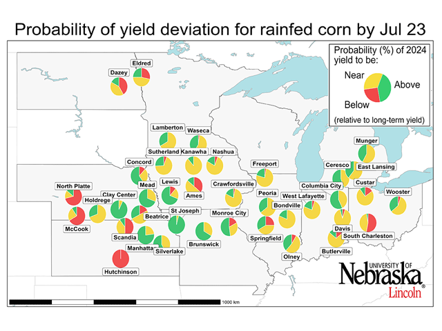Most corn yield monitoring sites in the central U.S. have average to above-average yields forecast except for western Nebraska and central through southern Kansas. (University of Nebraska-Lincoln graphic)