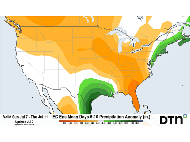 Though rain is forecast throughout much of the Corn Belt next week, models are predicting it to be light and amounts to be below normal, like the ECMWF shown here. (DTN graphic)