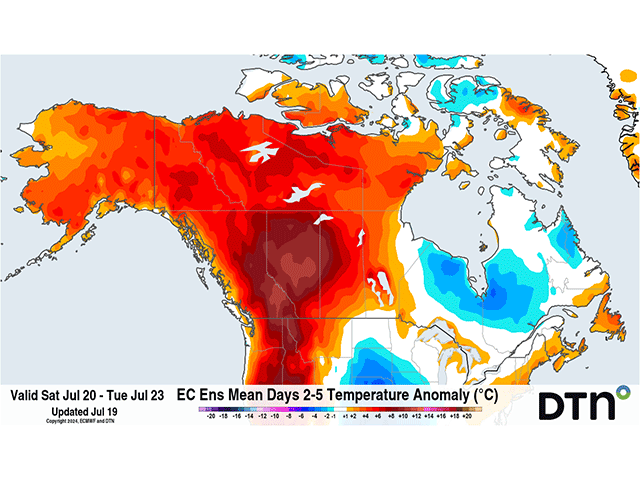 Another week of heat is being forecast for the Canadian Prairies, especially in Alberta, coming at a bad time for crop development. (DTN graphic)
