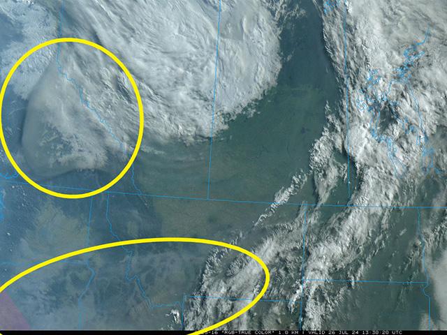 Hazy smoke can be seen from wildfires originating in the Northwest U.S. and Canadian Rockies (circled in yellow). (Imagery courtesy of College of DuPage)
