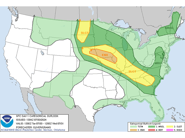 The Storm Prediction Center has a wide area of the Corn Belt under a risk of severe weather for Tuesday. More severe storms are forecast for Wednesday and Thursday. (Storm Prediction Center graphic)