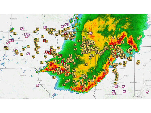 Reports of strong, damaging wind gusts (yellow), some hail (purple), and tornadoes (red) moved from Iowa into northern Indiana on July 15-16, 2024, earning a classification as a derecho. This is the radar presentation as the storm reached its mature stage at 11:10 p.m. July 15. (Iowa Environmental Mesonet graphic)