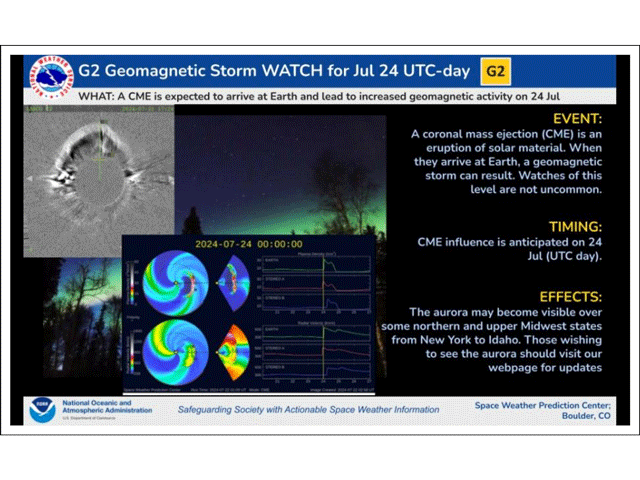 Space Weather Prediction Center has issued a watch for a moderate-level geomagnetic storm for Wednesday. (Image courtesy of the Space Weather Prediction Center)