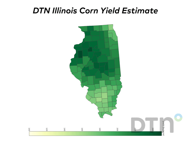 The darkest green shaded counties represent county average corn yields above 240 bushels per acre, while the lightest green shaded counties represent yields around 155 bpa. (DTN map by Scott Williams and Darren Miller)