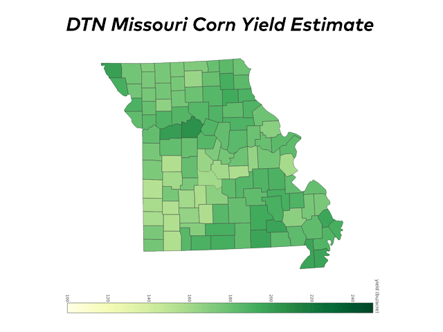 Pemiscot County has Missouri's highest corn yield average at 199 bushels per acre. The darkest green shades represent yields of 190 bpa or more, while the light green shades represent yields around 145 bpa. (DTN map by Scott Williams and Darren Miller)