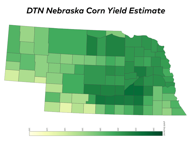 Phelps County will once again contend for Nebraska's highest average corn yield, with DTN's models estimating it at 231 bushels per acre. (DTN map by Scott Williams and Darren Miller)