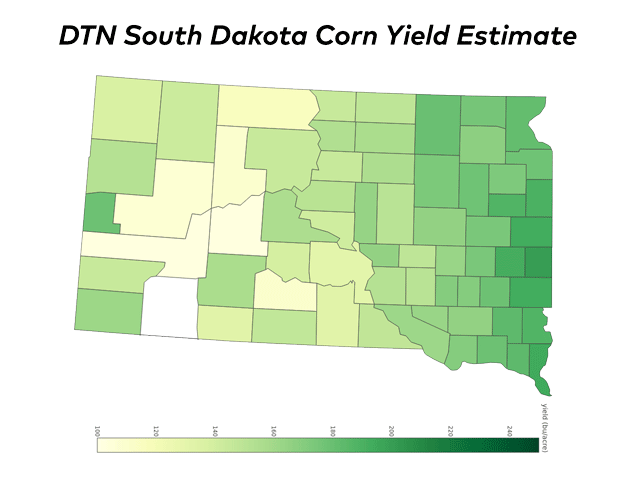 Moody County tops the state with a 198-bushel-per-acre average corn yield. The darkest green counties represent the highest corn yields, while lighter shades east of the Missouri River represent averages in the mid-150s. (DTN map by Scott Williams and Darren Miller)