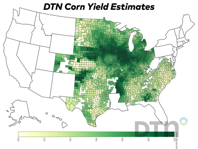 The 2024 DTN Digital Yield Tour reflects the strongest soil moisture profile across the Corn Belt in the last four years. Darker green shades in the map reflect higher corn yield averages, with the darkest green reflecting yields of 220 bushels per acre or higher. (DTN map)
