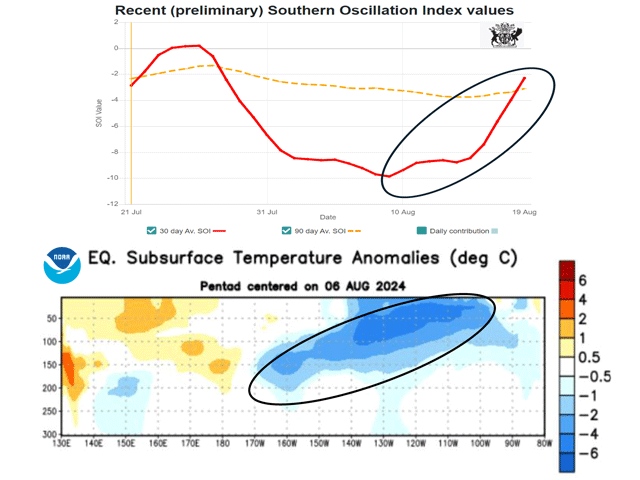 A growing pool of cool, subsurface water in the eastern Pacific Ocean appears to be influencing a sharp uptrend in the barometric pressure feature known as the Southern Oscillation Index (SOI). (U.S. NOAA and Queensland, Australia, graphics)