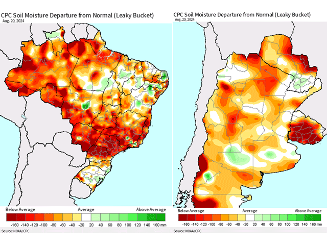 Dry soil conditions are on display ahead of the planting window in South America, which begins next month. (USDA graphics)
