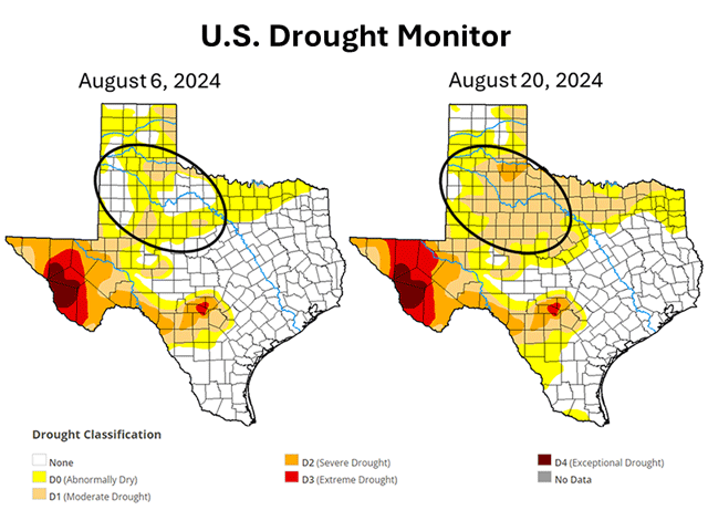 The U.S. Drought Monitor shows areas of abnormally dry and moderate drought conditions expanding across portions of northwest Texas this month. (U.S. Drought Monitor graphic)