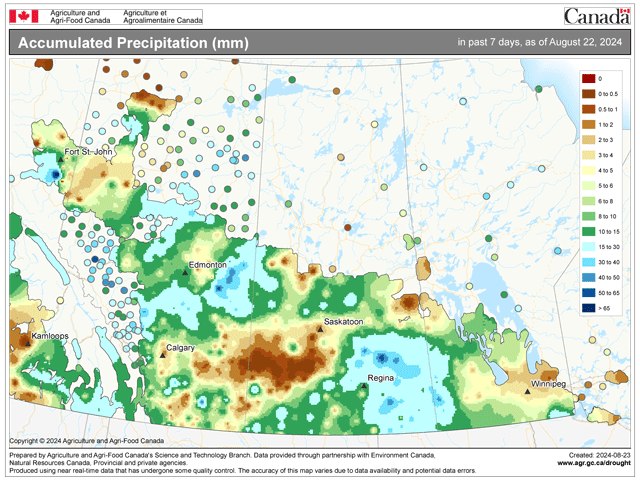 Scattered showers have fallen across a good portion of the Canadian Prairies during the last week, including some thunderstorms that have produced damage. (Agriculture and Agri-Food Canada graphic)