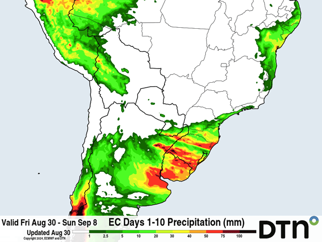 The rainfall forecast through Sept. 8 in South America does not indicate many areas having significant amounts over the driest areas of either Argentina or Brazil. (DTN graphic)