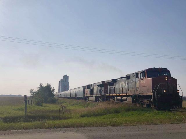A Canadian National train moving past Richardson Pioneer elevator north of Saskatoon, Saskatchewan. (DTN photo by Elaine Shein)
