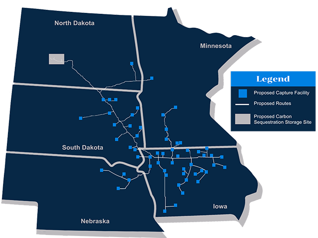 The latest map by Summit Carbon Solutions on the overall footprint of its carbon dioxide pipeline that will sink carbon into a geological formation in North Dakota. The CEO for Summit Carbon Solutions said the pipeline and similar infrastructure are critical for ethanol markets and farm income going forward. (Map courtesy of Summit Carbon Solutions)
