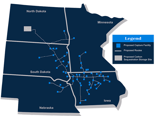 The Iowa Utilities Commission granted a construction permit to Summit Carbon Solutions to build a carbon dioxide pipeline. (Map courtesy of Summit Carbon Solutions)