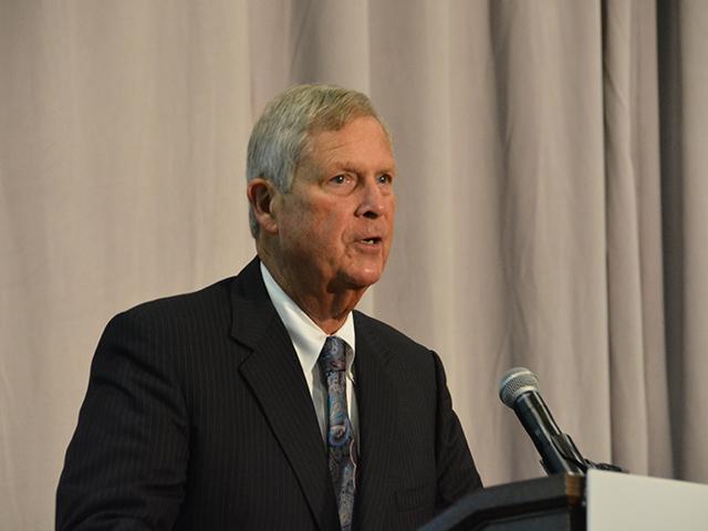U.S. Agriculture Secretary Tom Vilsack speaks to members of the American Coalition for Ethanol (ACE) on Thursday in Omaha. The secretary highlighted biofuel policies, including Sustainable Aviation Fuel, and investments in E15. (DTN file photo by Chris Clayton)
