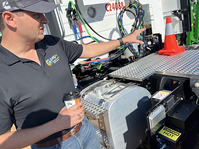 Adam Buttgenbach, director of fleet engineering and sustainability at PepsiCo, highlights how the beverage-and-snack-food company is converting more of its trucking fleet to 100% biodiesel. PepsiCo spotlighted the project this past week at the Farm Progress Show. (DTN photo by Chris Clayton)