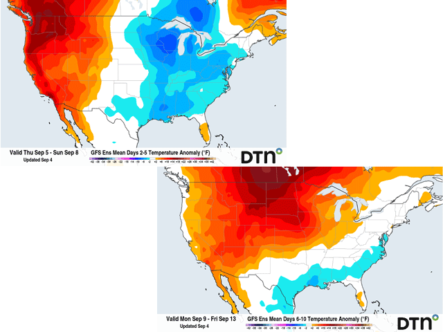 Conditions in the Corn Belt will go from cold this weekend to hot next week as we continue to see large swings in temperature. (DTN graphics)