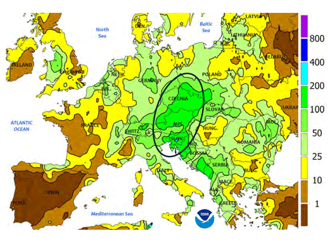 Heavy rain of up to 18 inches over central and eastern Europe during mid-September brought a quick end to heat and drought but also triggered widespread, locally catastrophic flooding. (NOAA graphic)