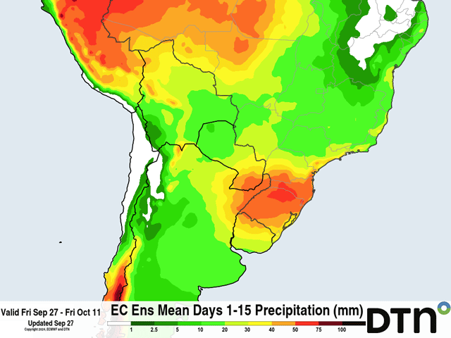 Even through Oct. 11, the last day of this European ECMWF model run, less than 30 millimeters (about 1.2 inches) is forecast across central Brazil, a very dry start to the wet season. (DTN graphic)