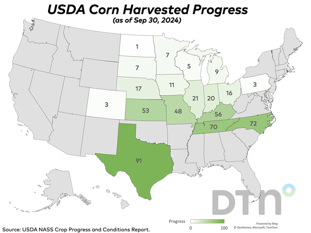 The U.S. corn harvest picked up the pace slightly last week, moving ahead 7 percentage points to reach 21% complete as of Sunday, Sept. 29. That was equal to last year's pace but 3 points ahead of the five-year average of 18%. (DTN graphic)