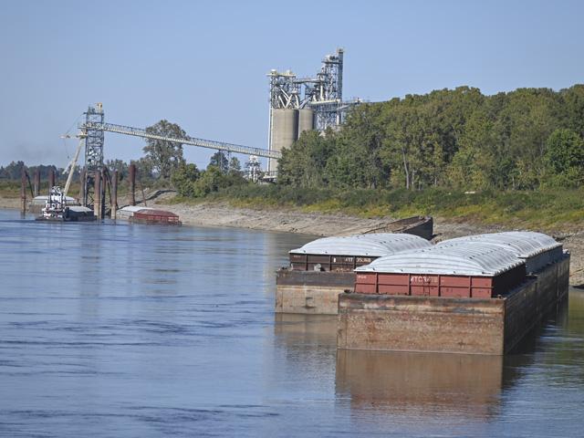 Idle barges on the Mississippi River. Low river levels are just one of the issues facing agricultural shipping during fall harvest. East Coast ports could see a strike next week and Mexico has been slow inspecting rail shipments, causing the railroads to hold up shuttle trains. (DTN file photo)