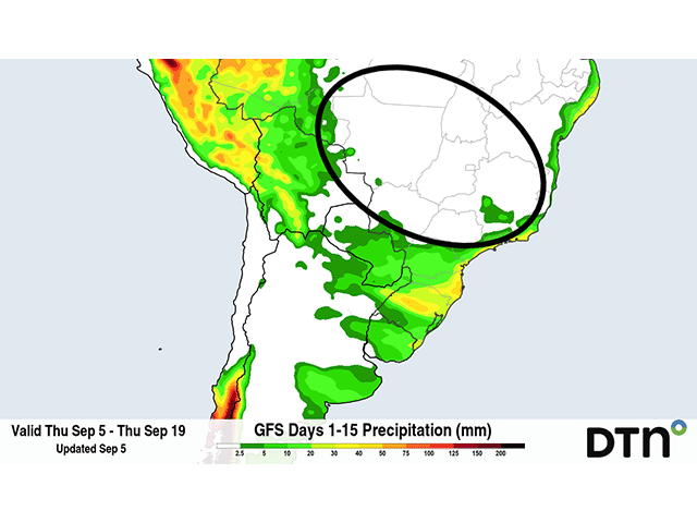 The GFS model has no precipitation in central Brazil during the next two weeks, exacerbating the extreme dry conditions from the dry season and forcing producers to wait on wet season rains to start soybean planting. (DTN graphic)